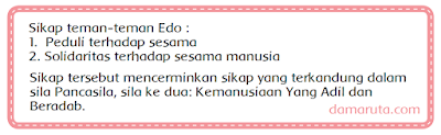 Mereka akhirnya bersepakat membuatkan wedang jahe untuk Edo. Di belakang rumah Edo banyak tanaman jahe. Edo sangat senang. Persahabatan mereka sangat indah. Mereka memiliki latar belakang yang berbeda. Namun, semangat tolong menolong di antara mereka sangat tinggi.    Bagaimana pendapatmu tentang sikap teman-teman Edo? Tulislah pendapat mu pada kolom di bawah ini!