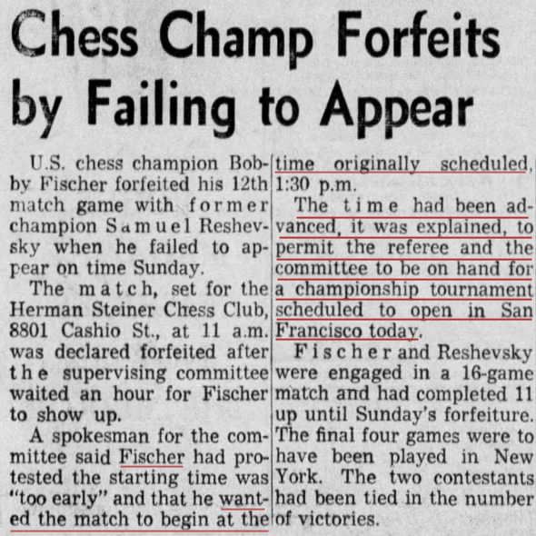 Irving Rivise Illegally Forfeits Bobby Fischer, 1961