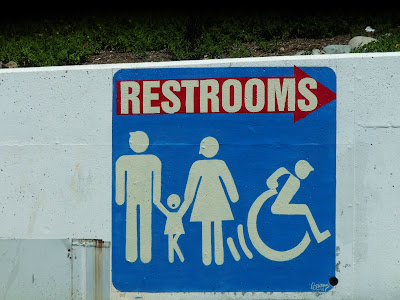 restroom sign with frantic kid, racing wheelchair, and clueless dad