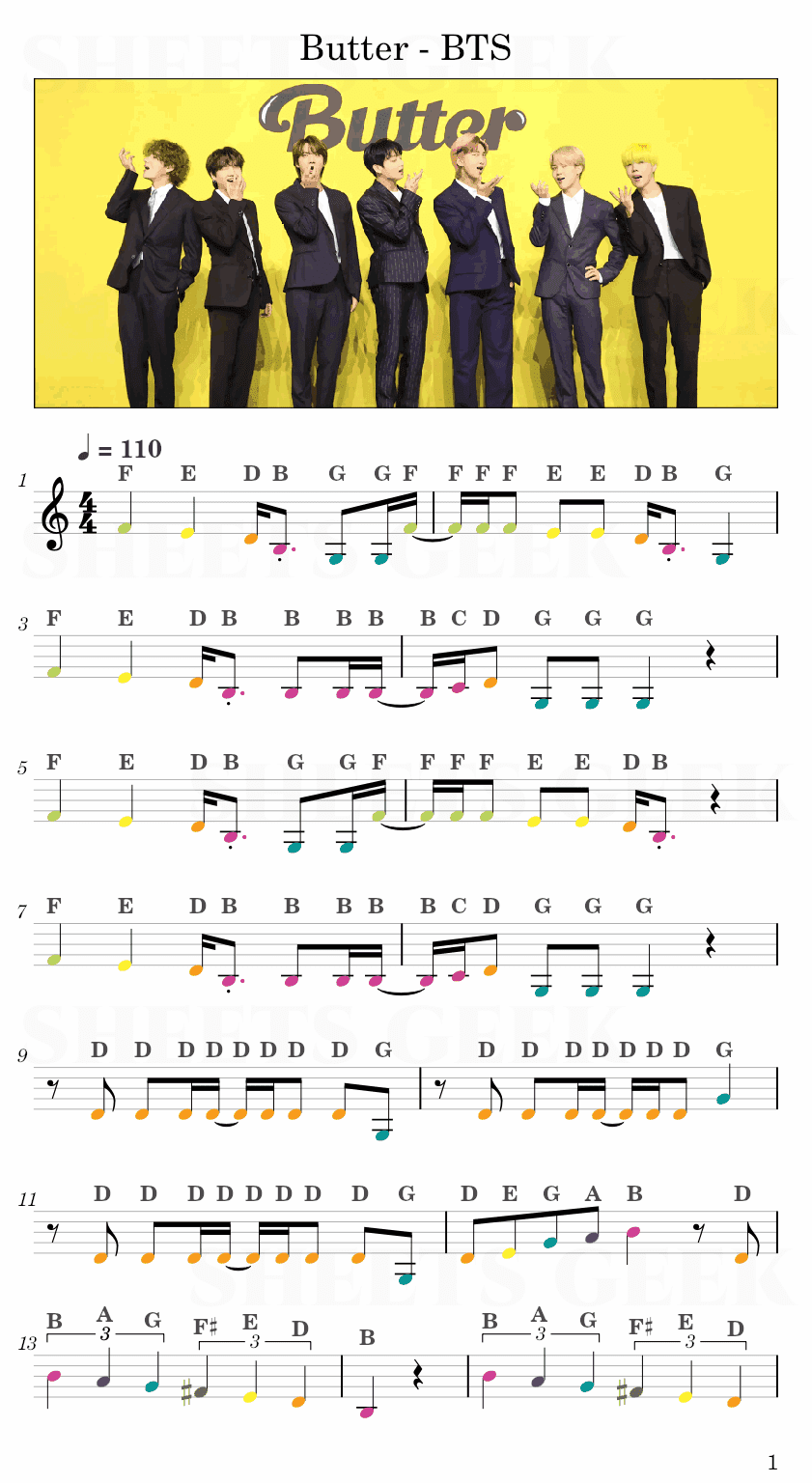 Butter - BTS Easy Sheets Music Free for piano, keyboard, flute, violin, sax, celllo 1