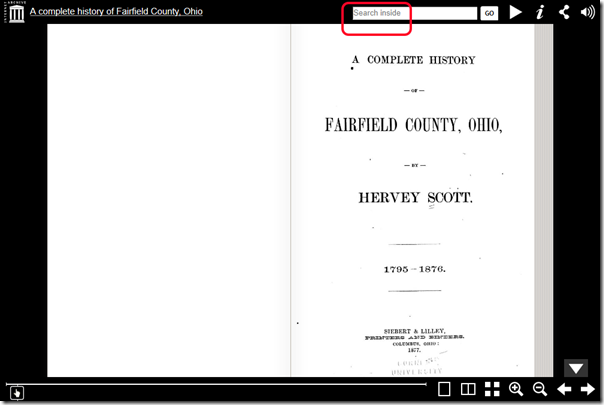The search inside box is at the top in the Internet Archive's full screen view.