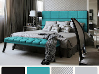 gray white and turquoise bedroom