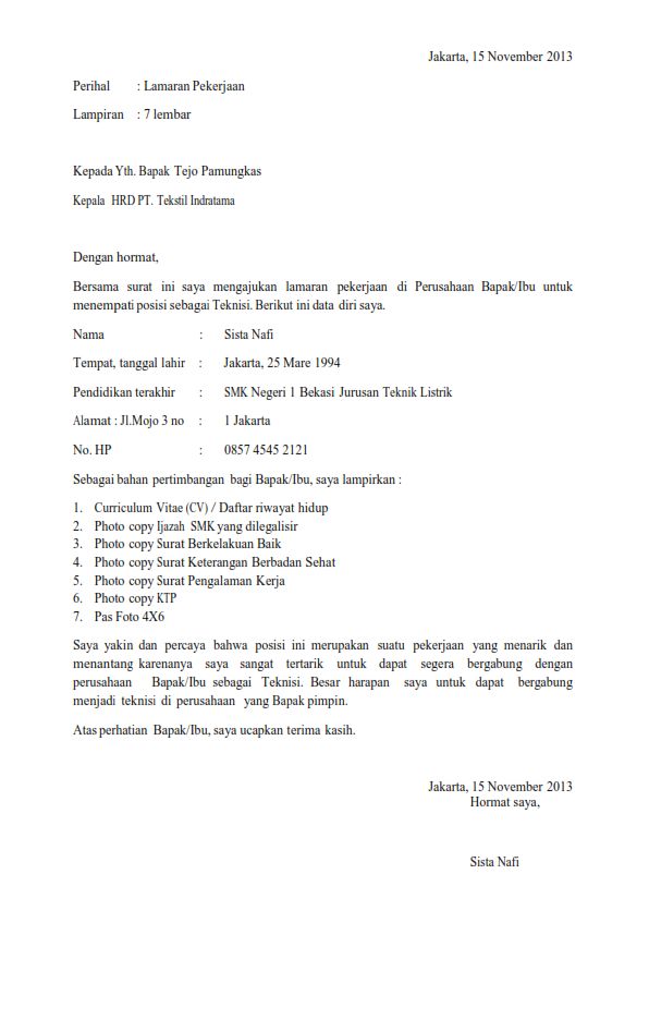 Download Contoh Surat Lamaran Kerja Lulusan SMK - Melamar 