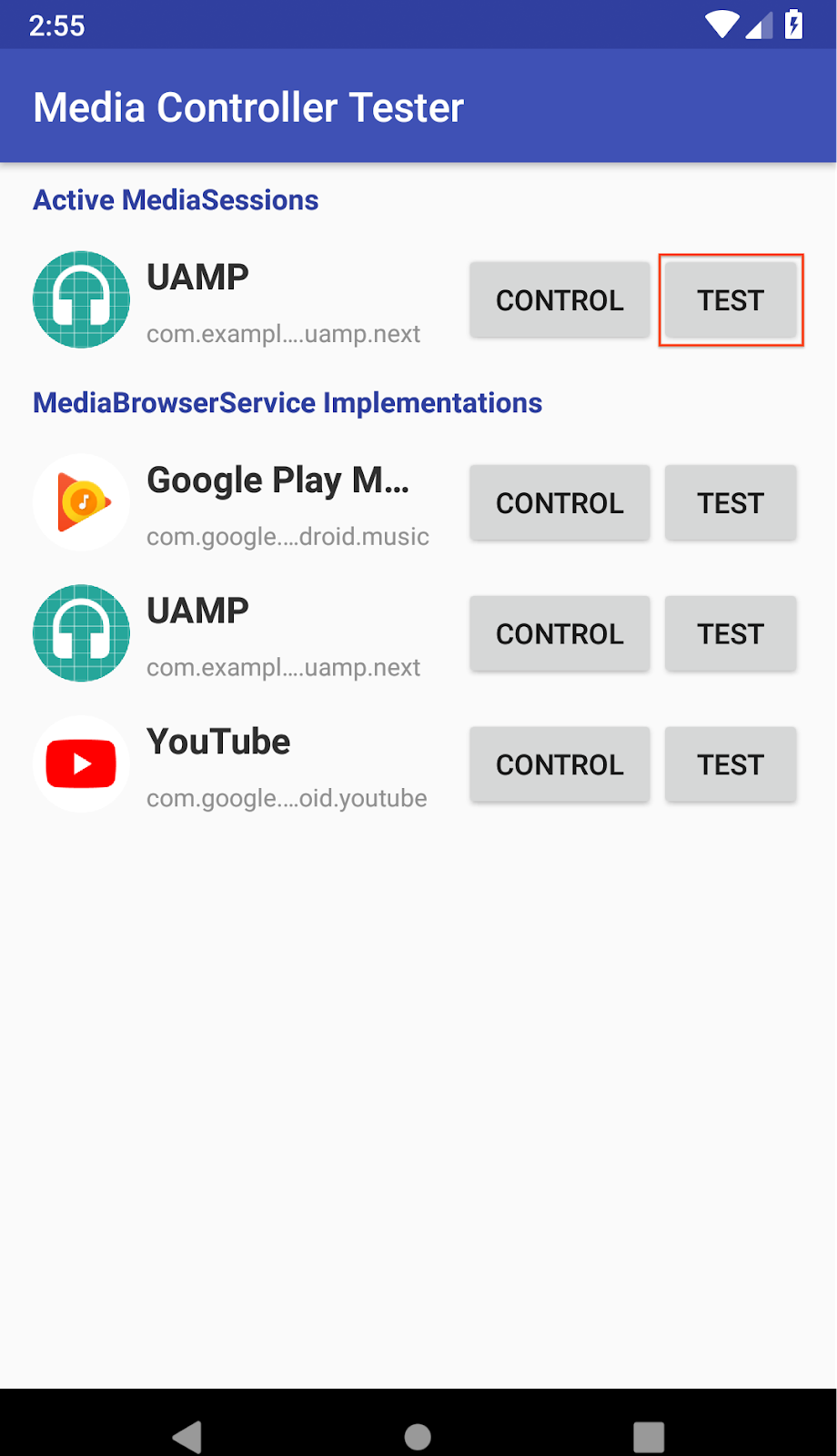MCT Screenshot of launch screen; contains a list of installed media apps, with an option to go to either the Control or Test view for each.