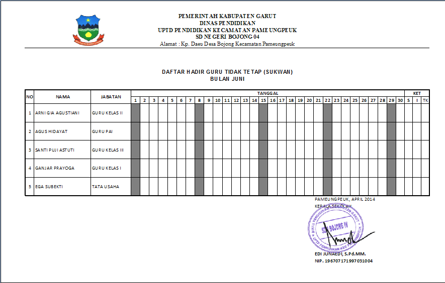 Contoh Format Daftar Hadir Guru Tidak Tetap (SUKWAN 