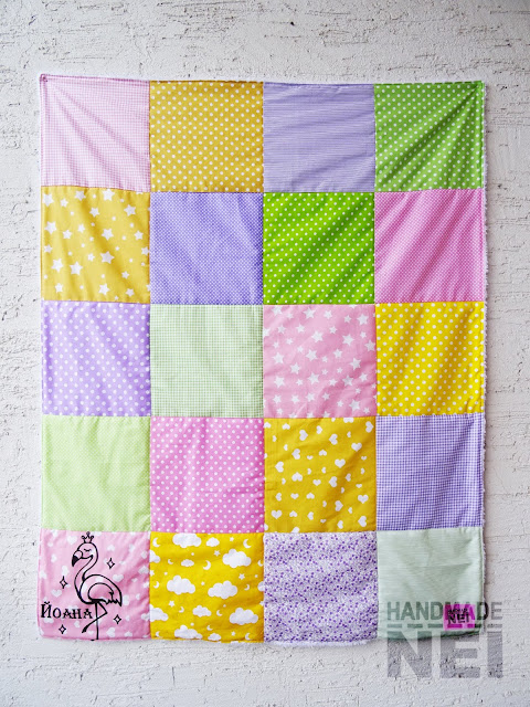 Handmade Nel: Пачуърк одеяло с полар за бебе "Жълто, зелено, розово и лилаво"