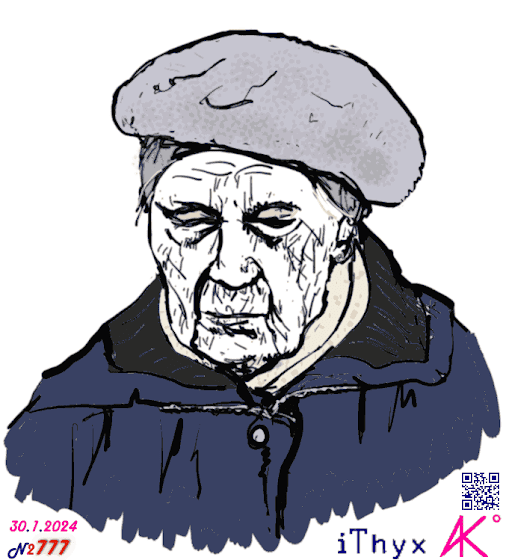 Очень старая женщина, в меховом берете и синем пальто с пуховым шарфиком, которая закрыла глаза, потому, что почувствовала себя плохо. Автор рисунка: художник #iThyx