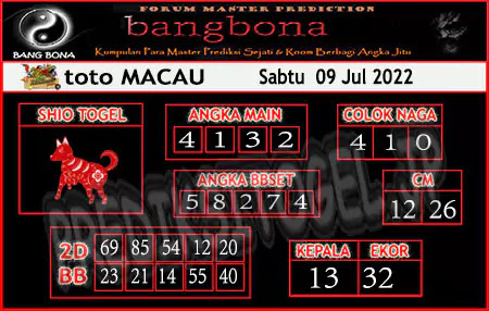 Prediksi Bangbona Toto Macau Sabtu 09 Juli 2022