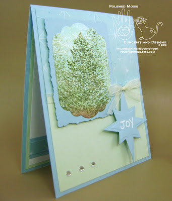 Picture of right angle view of my handmade evergreen trees Christmas card with a Joy tag