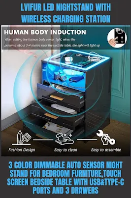 The Lvifur LED Nightstand is a bedside table that comes with a wireless charging station. It has a touch screen and can change colors. The nightstand also has USB and Type-C ports. It has three drawers for storing things.