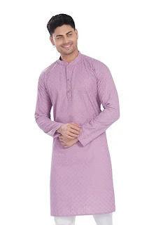 DIVISIVE Men's Pure Cotton Thread Embroidered Kurta – Lavender Slim Fit Long Kurta with Mandarin Collar & Side Pockets | Festive & Party Wear