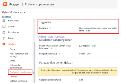 Cara menampilkan menu Deskripsi Penelusuran pada Blogger