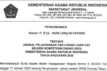 Jadwal Pelaksanaan dan Lokasi Ujian CAT Seleksi Kompetensi Dasar (SKD) Kementerian Agama Republik Indonesia Tahun Anggaran 2020
