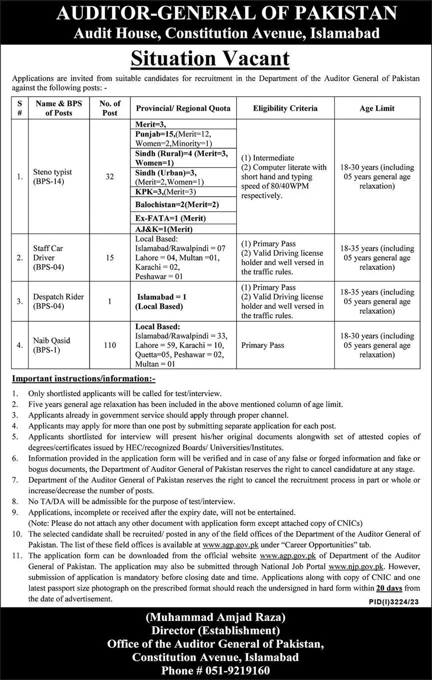 Auditor General of Pakistan Jobs December 2023