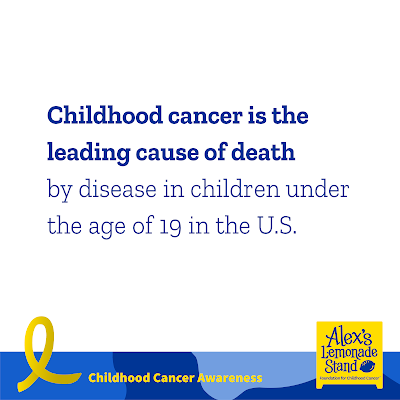 A white graphic with blue text that says Childhood cancer is the leading cause of death by disease in children under the age of 19 in the US.