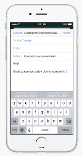 iphoen screen showing image of someone composing an email. It displayes " john's number is" and also john's phone number pulled from the address book as an option.