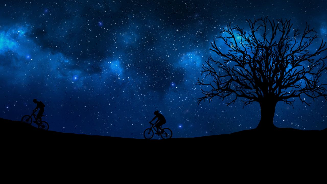 Wallpaper Cyclist Starry Sky Silhouette