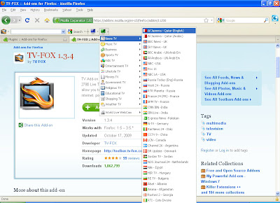 Select channels to Watch TV Online Using TV-FOX (Firefox add-ons)