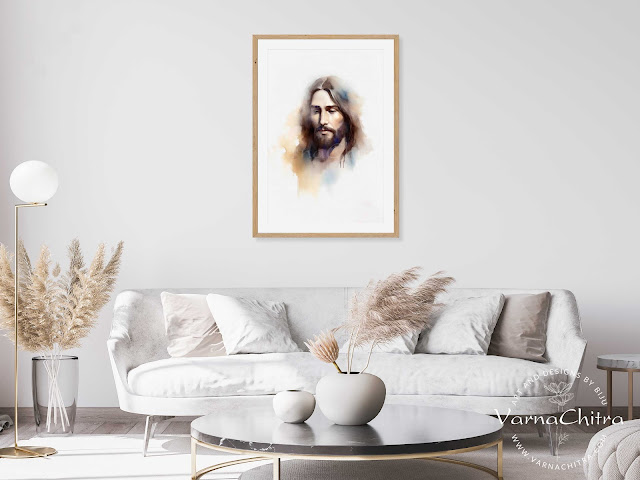 Jesus Wall Art, watercolor painting for pastel and muted color modern interiors by Biju Varnachitra