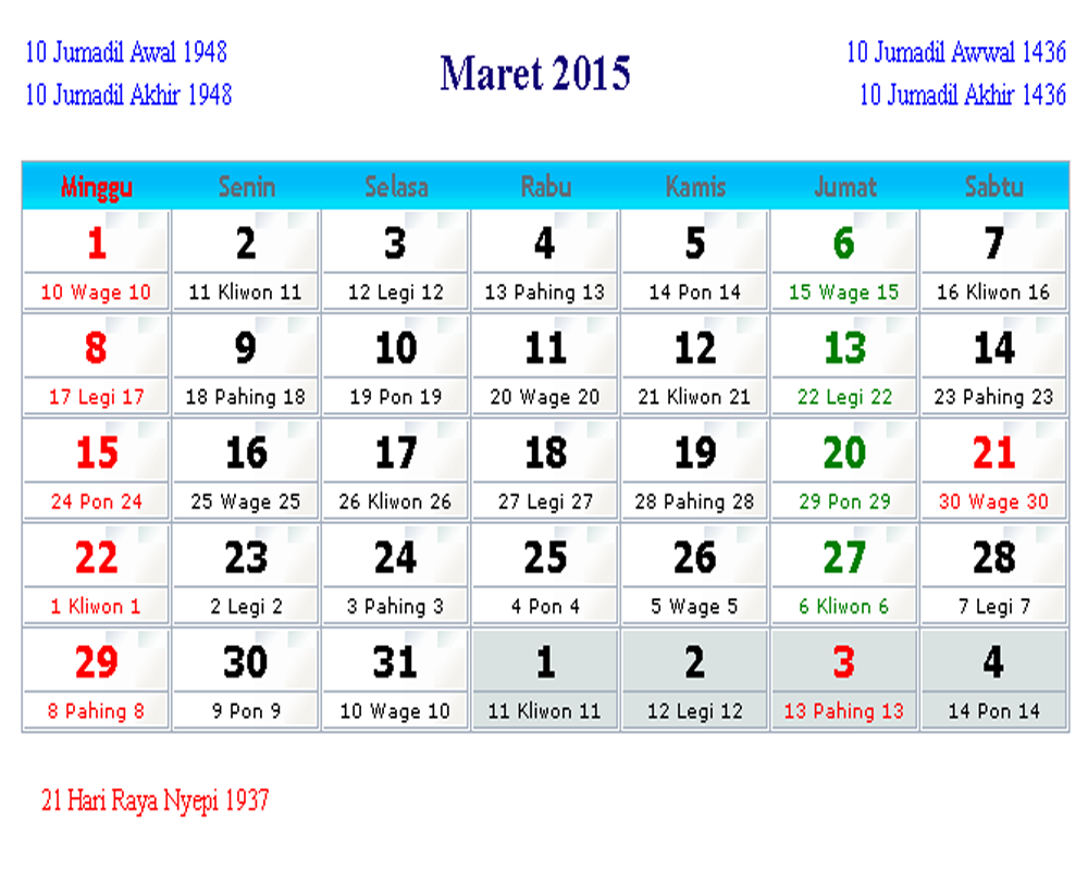 Kalender 2015 12Bulan + Hari Libur Nasional + Cuti Bersama 
