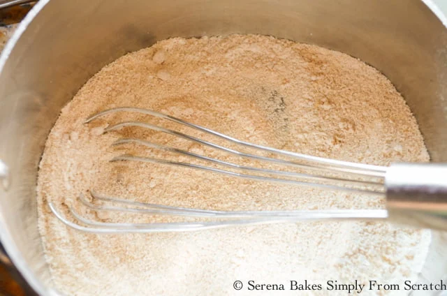 In saucepan add flour, brown sugar, salt.