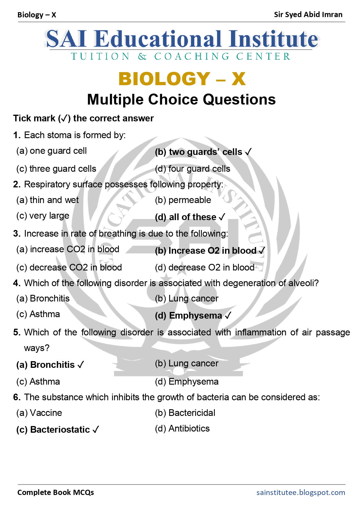 Biology Multiple Choice Questions (MCQs) For Class 10th