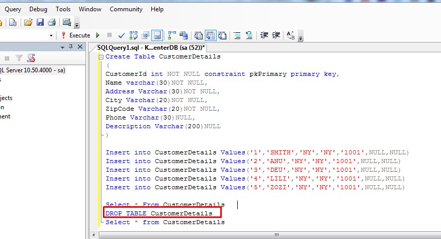 drop table in sql