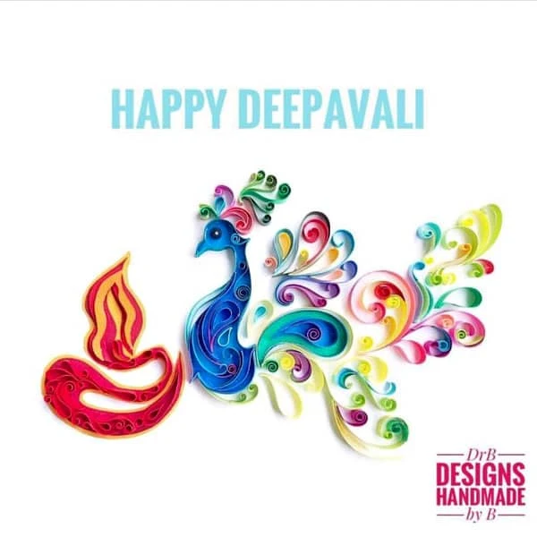 quilled on-edge Diwali paper design of flame and peacock