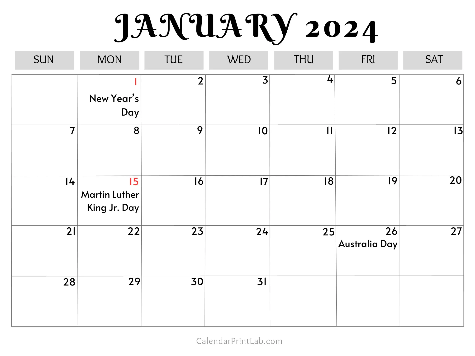 january 2024 calendar with holidays