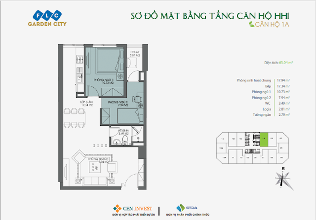 Thiết kế căn hộ 1A, 63m, HH1 FLC Garden City