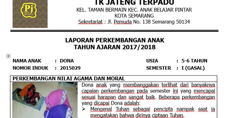 Contoh Raport PAUD K-13 Terbaru+ Contoh Pengisian Raport 