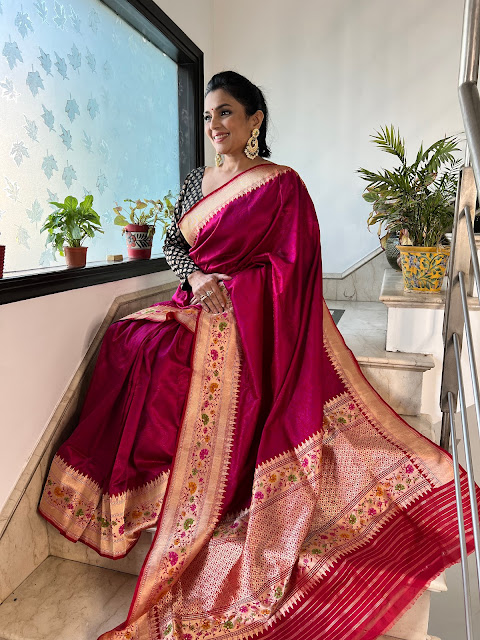 Hot pink mushroo silk saree
