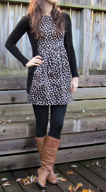 Doted Dress, Cardigan,Black Tights, & Brown Boots