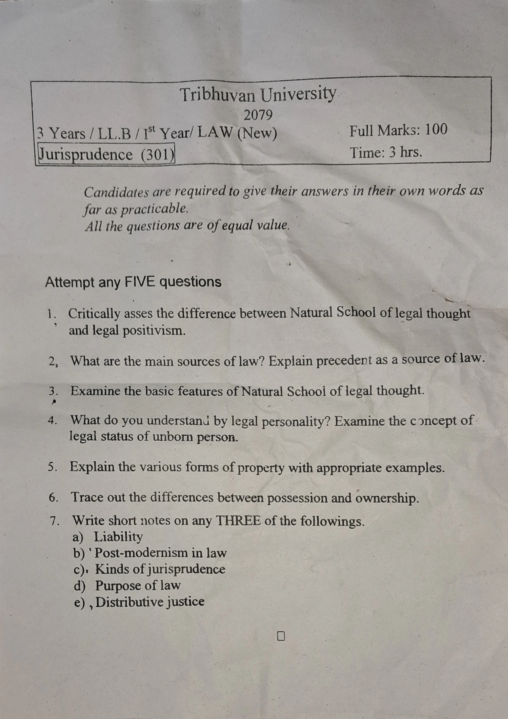 LLB TU Jurisprudence Past Exam Paper 2079-80