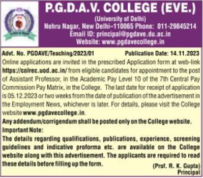 PGDAV College Evening Assistant Professor 2023