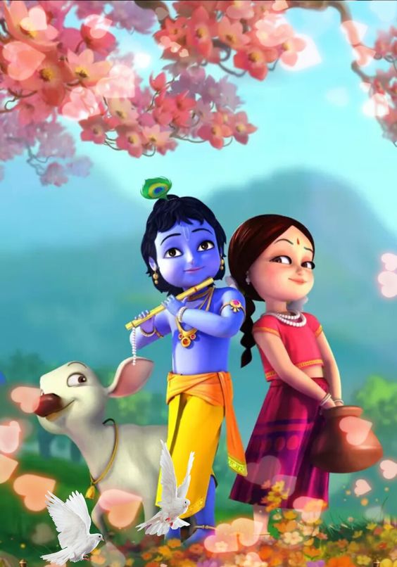 Animated Little Krishna Cartoon Image with Radha