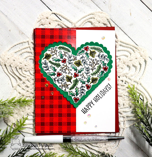 Happy Holidays Card by Larissa Heskett | Heartfelt Holidays Stamp Set, Meowy Christmas Paper Pad and Heart Frames Die Set by Newton's Nook Designs