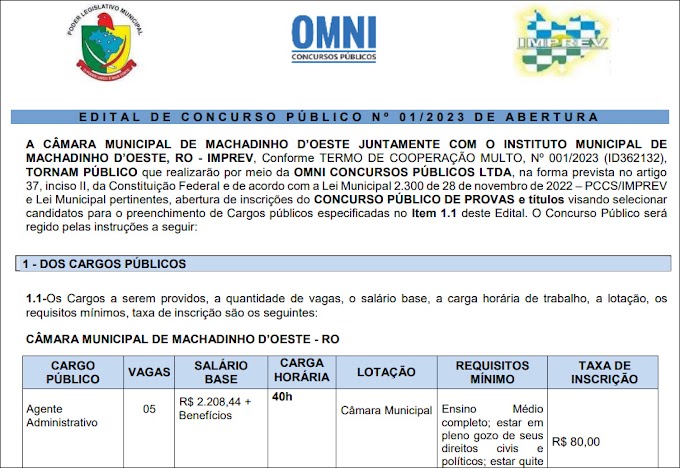 Câmara e Instituto Municipal realizam concurso em Rondônia
