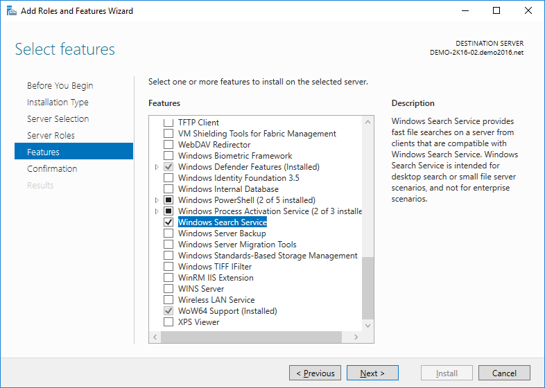 Windows search service server 2016