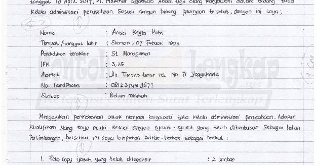 Contoh Surat Lamaran Kerja Tulis Tangan Kertas Folio dan HVS