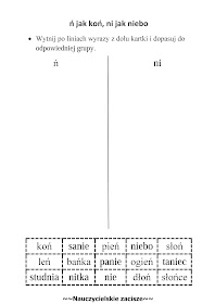 karty pracy klasa pierwsza litery ń jak koń ni jak niebo