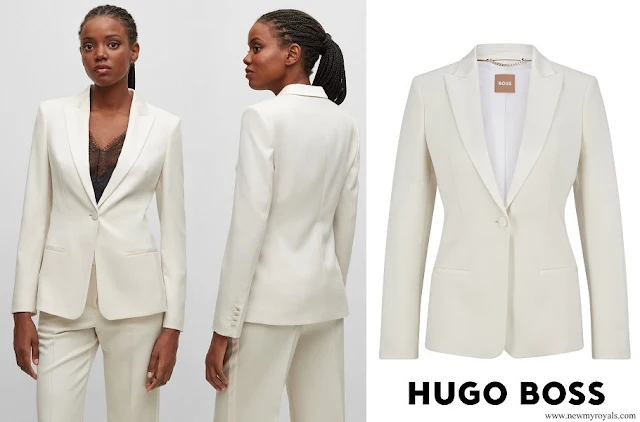 Queen Letizia wore HUGO BOSS slim fit tuxedo style jacket in responsible wool