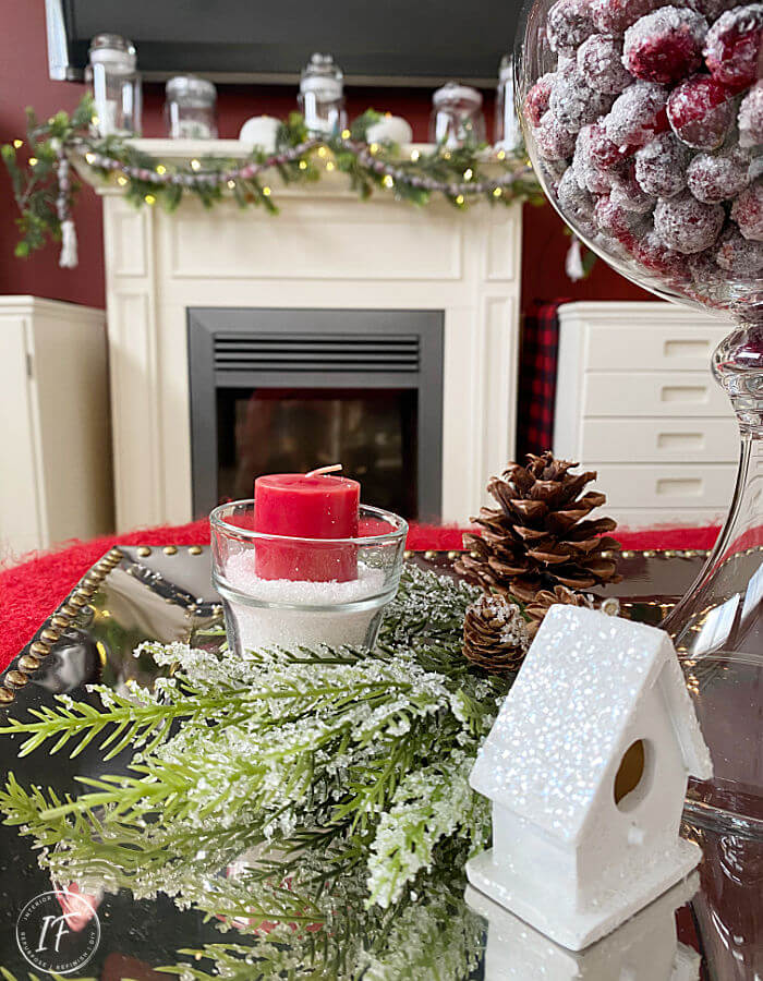 How to make a simple cranberry garland with faux sugar dipped berries for inexpensive holiday decor with nostalgic old fashioned Christmas charm for a fireplace mantel or Christmas tree.