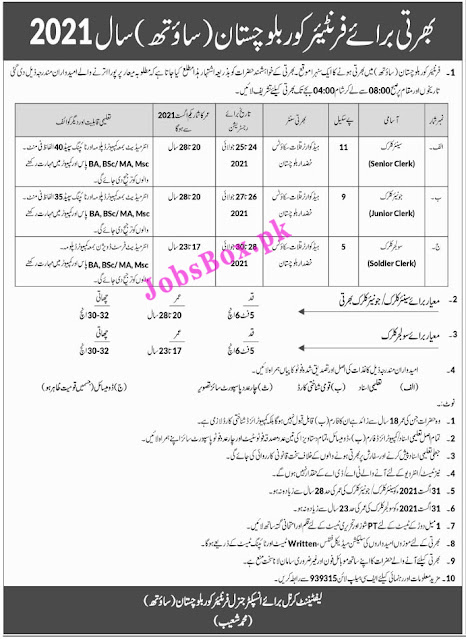 Frontier Corps FC Balochistan South Jobs 2021 Latest Recruitment