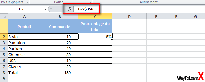 Calcul pourcentage excel