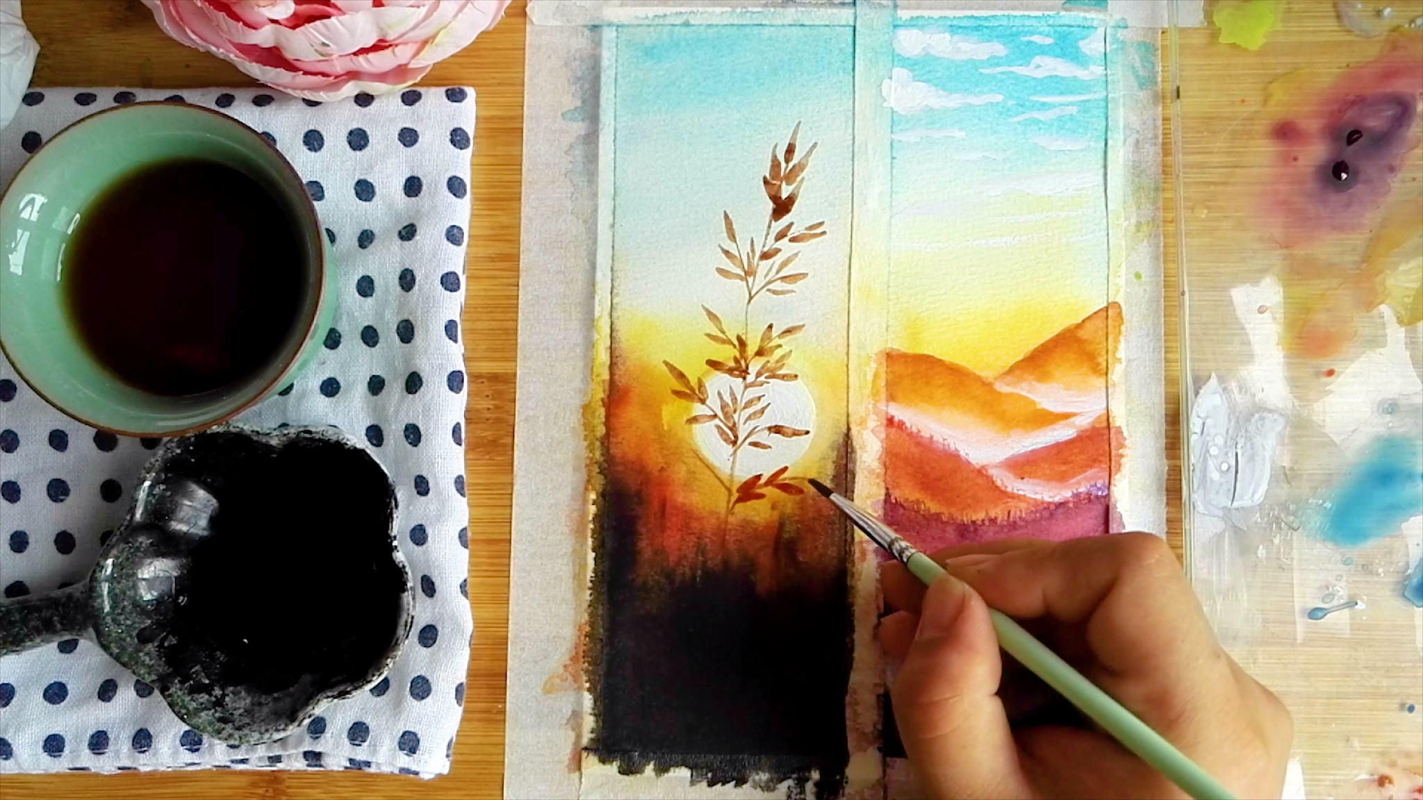 2Draw with black tea watercolor sunset landscape tutorial, come to see my online class