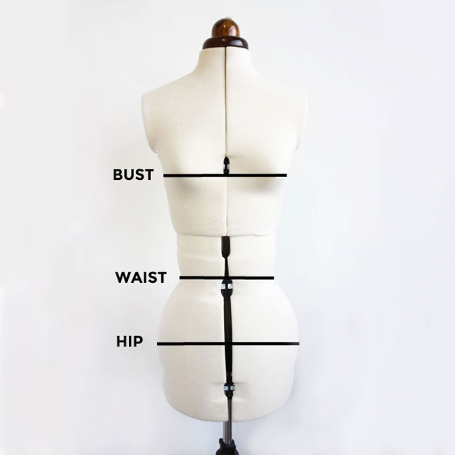 Dress form with the bust, waist and hip areas labelled