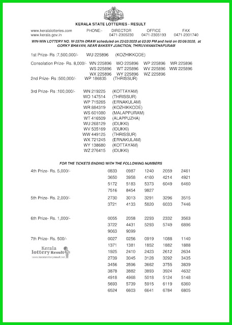 Kerala Lottery Result 23.03.20 Win Win W-557 Lottery Result held on 05.06.2020