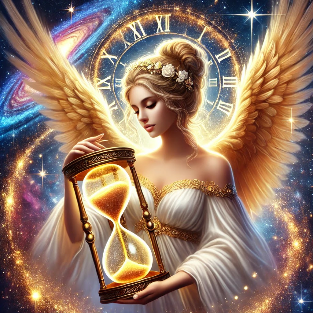 A celestial angel holding a glowing hourglass, reminding Capricorn to trust in divine timing and patience.