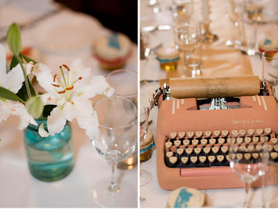 The table decor featured a typewriter at one end with player paino rolls fed